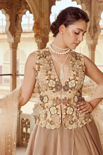 Beige Embroidery  Viscose Organza Lehenga Set