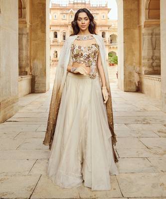 Beige Embroidery  Viscose Organza Lehenga Set 1