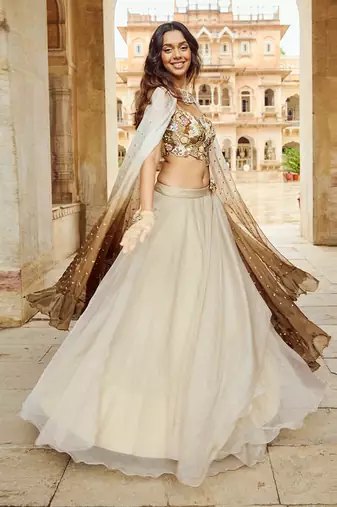 Beige Embroidery  Viscose Organza Lehenga Set