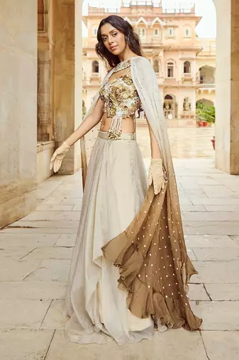 Beige Embroidery  Viscose Organza Lehenga Set