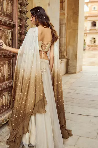 Beige Embroidery  Viscose Organza Lehenga Set