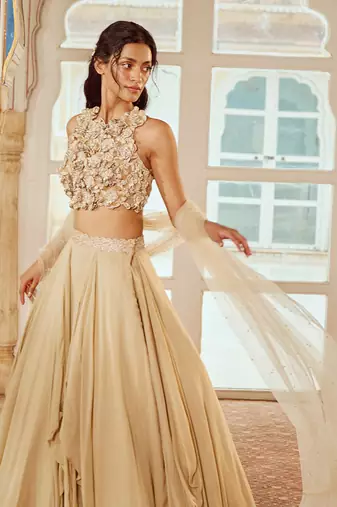 Beige Embroidery  Viscose Organza Lehenga Set