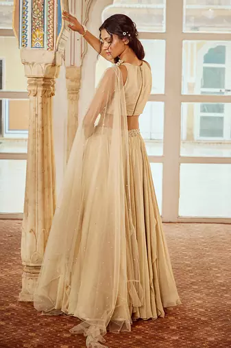 Beige Embroidery  Viscose Organza Lehenga Set