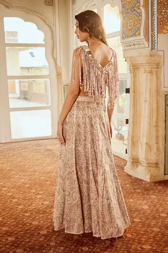 Beige Embroidery  Viscose Organza Lehenga Set