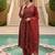 Women Red color cotton blend printed fancy flared kurta trousers with dupata