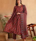 Brown color cotton blend printed fancy flared kurta trousers with dupata