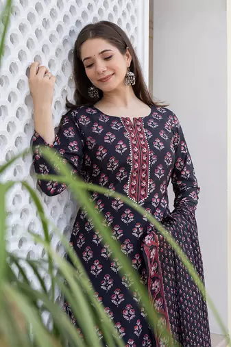 Women Black color cotton blend printed fancy flared kurta trousers with dupata