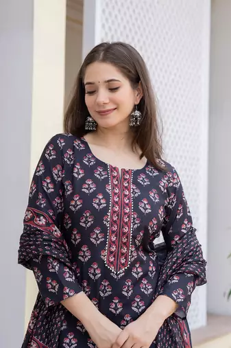 Women Black color cotton blend printed fancy flared kurta trousers with dupata