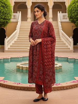 Women Red color cotton blend printed fancy flared kurta trousers with dupata 3