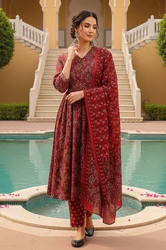 Women Red color cotton blend printed fancy flared kurta trousers with dupata