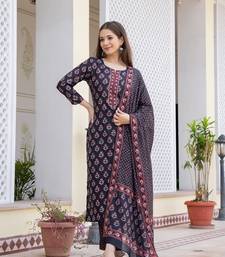 Women Black color cotton blend printed fancy flared kurta trousers with dupata