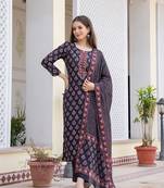 Women Black color cotton blend printed fancy flared kurta trousers with dupata