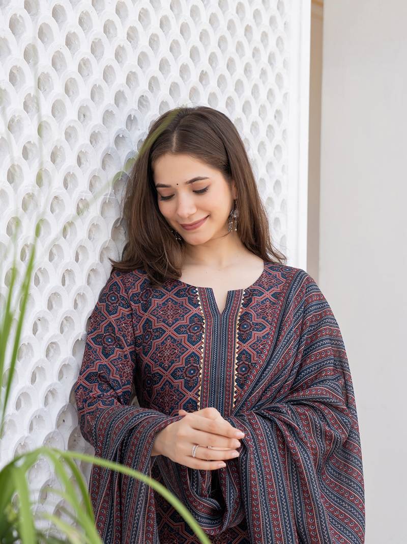 Maroon color cotton blend printed fancy flared kurta trousers with dupata