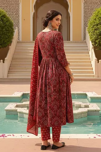 Women Red color cotton blend printed fancy flared kurta trousers with dupata