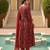 Women Red color cotton blend printed fancy flared kurta trousers with dupata