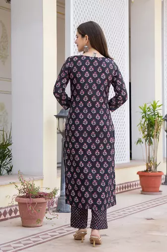 Women Black color cotton blend printed fancy flared kurta trousers with dupata