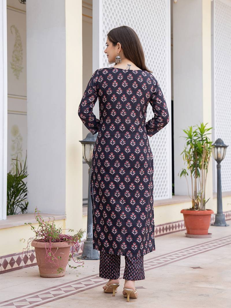 Women Black color cotton blend printed fancy flared kurta trousers with dupata