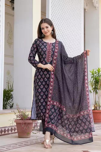 Women Black color cotton blend printed fancy flared kurta trousers with dupata
