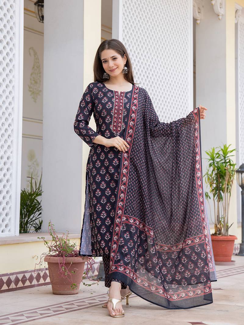 Women Black color cotton blend printed fancy flared kurta trousers with dupata