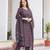 Maroon color cotton blend printed fancy flared kurta trousers with dupata