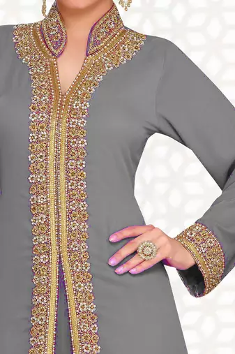 Grey color Full Sleeves Handmade Moroccan Kaftan