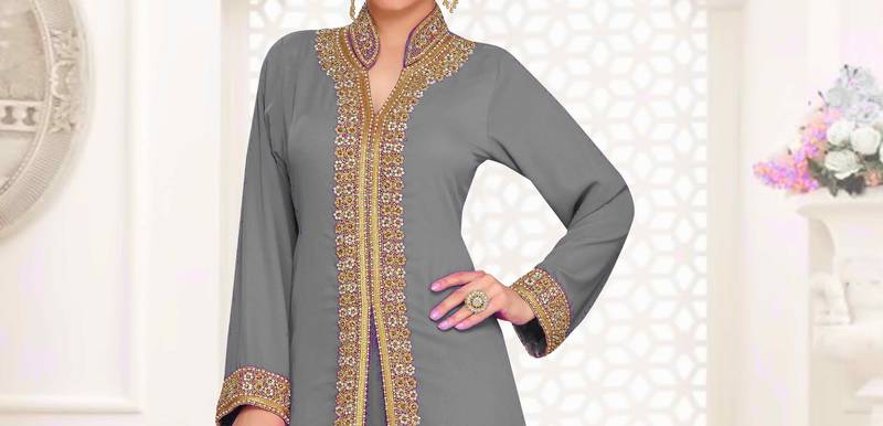 Grey color luxurious Full Sleeves Handmade Moroccan Kaftan.