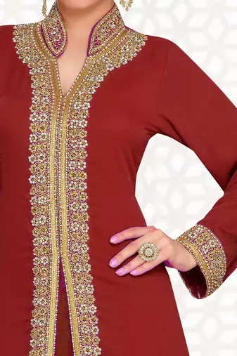 Maroon color Full Sleeves Handmade Moroccan Kaftan