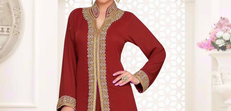Maroon color luxurious Full Sleeves Handmade Moroccan Kaftan.