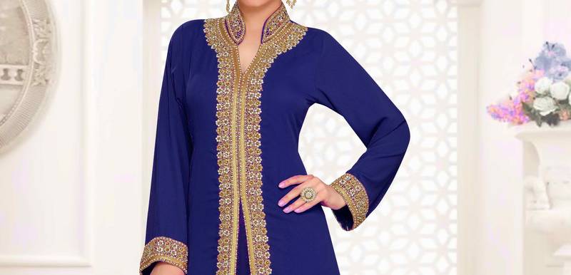 Navy Blue color luxurious Full Sleeves Handmade Moroccan Kaftan.