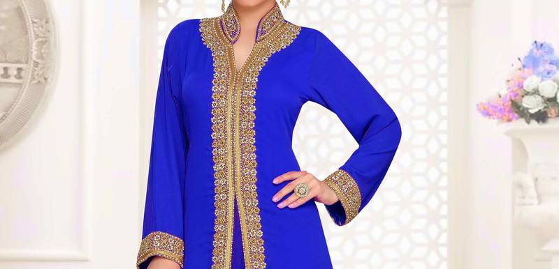 Royal Blue color luxurious Full Sleeves Handmade Moroccan Kaftan.