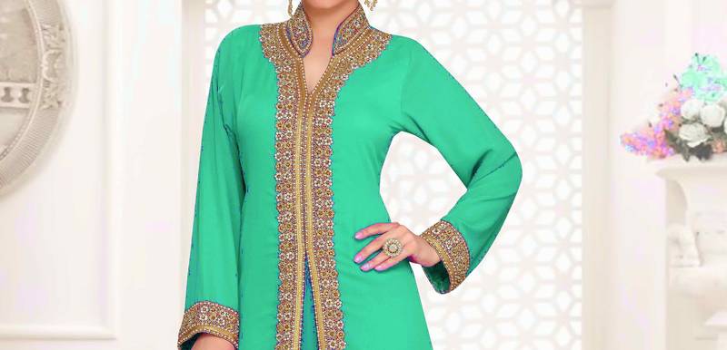 Sea Green color luxurious Full Sleeves Handmade Moroccan Kaftan.