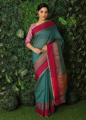 Women'S Teal Green Jacquard Silk Blend Mangalagiri Woven Checkered Saree With Unstitched Blouse Piece 1