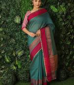 Women'S Teal Green Jacquard Silk Blend Mangalagiri Woven Checkered Saree With Unstitched Blouse Piece