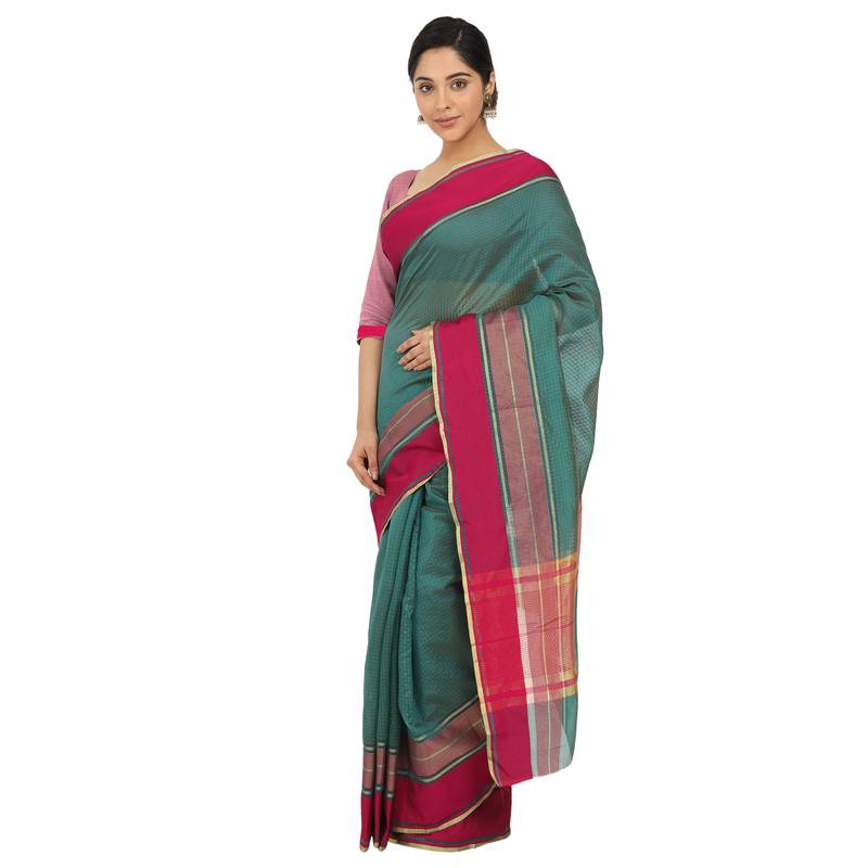 Women'S Teal Green Jacquard Silk Blend Mangalagiri Woven Checkered Saree With Unstitched Blouse Piece