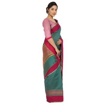 Women'S Teal Green Jacquard Silk Blend Mangalagiri Woven Checkered Saree With Unstitched Blouse Piece 3