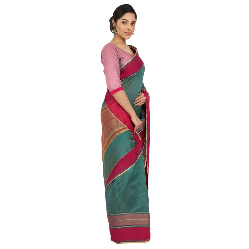 Women'S Teal Green Jacquard Silk Blend Mangalagiri Woven Checkered Saree With Unstitched Blouse Piece