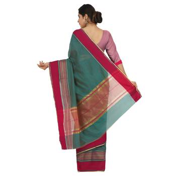 Women'S Teal Green Jacquard Silk Blend Mangalagiri Woven Checkered Saree With Unstitched Blouse Piece 4