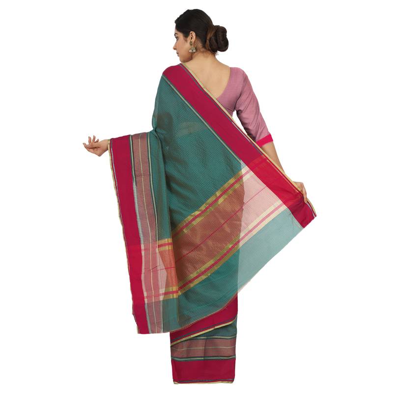Women'S Teal Green Jacquard Silk Blend Mangalagiri Woven Checkered Saree With Unstitched Blouse Piece