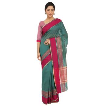 Women'S Teal Green Jacquard Silk Blend Mangalagiri Woven Checkered Saree With Unstitched Blouse Piece 5