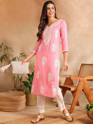 Women Pink color rayon blend embroidered fancy Only kurta 1