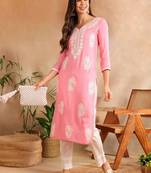 Women Pink color rayon blend embroidered fancy Only kurta