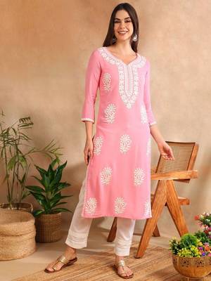 Women Pink color rayon blend embroidered fancy Only kurta 2