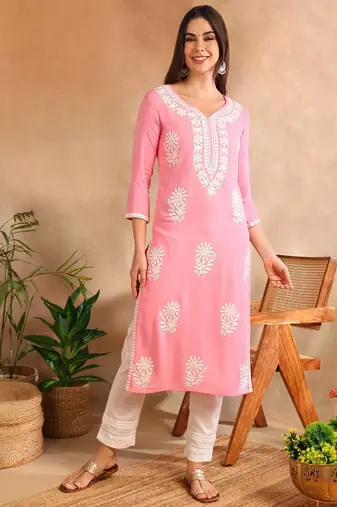Women Pink color rayon blend embroidered fancy Only kurta