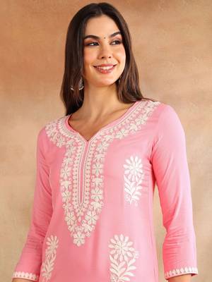 Women Pink color rayon blend embroidered fancy Only kurta 3
