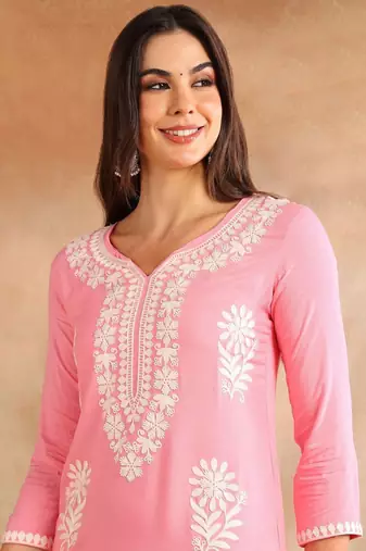 Women Pink color rayon blend embroidered fancy Only kurta