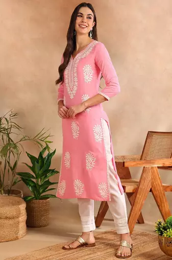 Women Pink color rayon blend embroidered fancy Only kurta