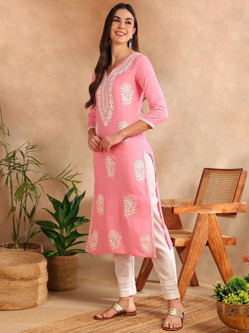 Women Pink color rayon blend embroidered fancy Only kurta