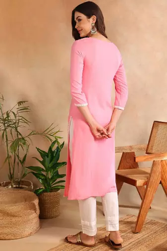 Women Pink color rayon blend embroidered fancy Only kurta