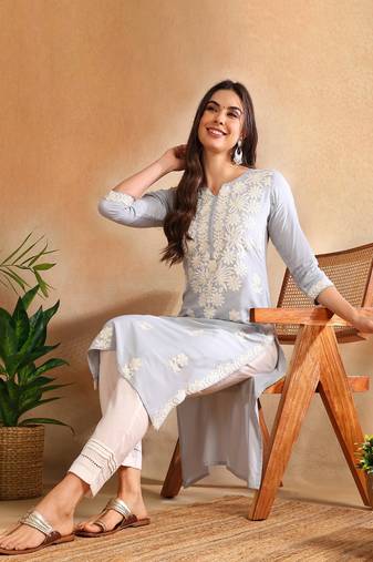 Women Blue color rayon blend embroidered fancy Only kurta