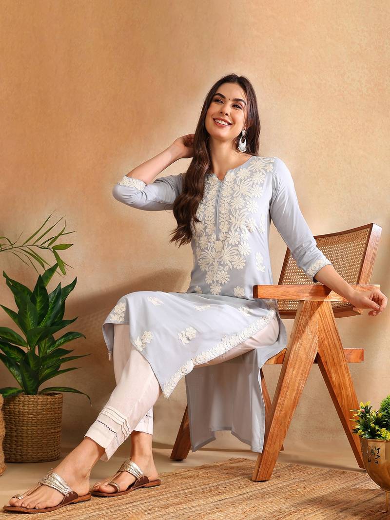 Women Blue color rayon blend embroidered fancy Only kurta